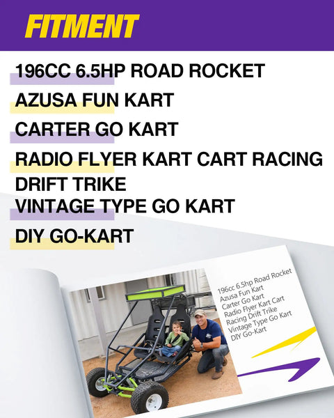 Fitment options for 196cc 6.5HP Road Rocket, Azusa Fun Kart, Carter Go Kart, and more, shown with youth sitting in a go-kart.
