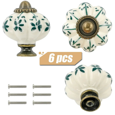 Ivory And Green Ceramic Pumpkin Cabinet Knobs Six Pack Vintage Drawer Pulls With Screws For Antique Dresser Pulls Green Flower Design Perfect For Kitchen Cabinets And Bedroom Dressers Renovations Great For Home Improvement Projects 34.9mm