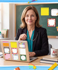 Teacher with Back To School Sticky Notes Set Of Nine Pads Fifty Sheets Each Cute Teacher Notepads on laptop in classroom
