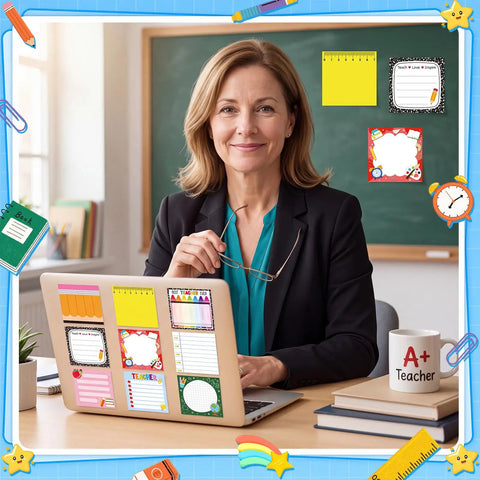Teacher with Back To School Sticky Notes Set Of Nine Pads Fifty Sheets Each Cute Teacher Notepads on laptop in classroom