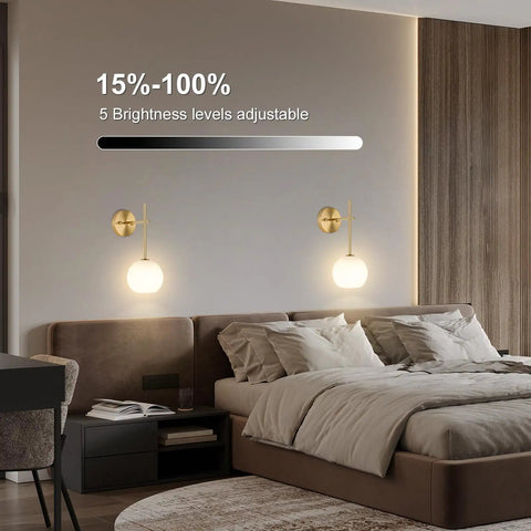 Gold Wireless Wall Sconces Set Of Two With Rechargeable Battery And Remote features adjustable brightness for a cozy bedroom ambiance.