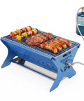 Portable Camping Grill And Fire Pit Foldable 2 In 1 Charcoal Wood Gas BBQ with carry bag, stainless steel, with food grilling