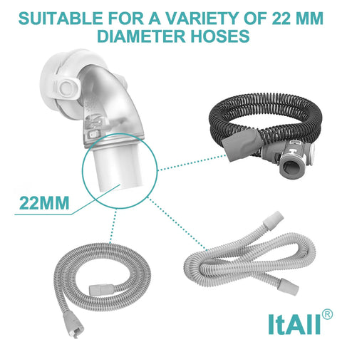 Replacement Swivel Elbow Connector For CPAP Hoses Fits F20 F30 Style Machines Quiet Vent Diffuser Keeps Sleep Peaceful Durable Elbow Adapter For Smooth Airflow No Fuss Install Replace Every 3 Months ItAll Supplies. 22mm CPAP swivel elbow connector with hose examples
