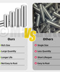 Comparison of 60Pcs 12 Size 304 Stainless Steel Dowel Pins Set M6 M8 M10 with other single size rust-prone dowel pins
