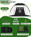 10 x 7 Ft Golf Practice Net With Mat Kit For Chipping, Swing And Driving Training, net with mat, golf balls, tee, stakes, bag