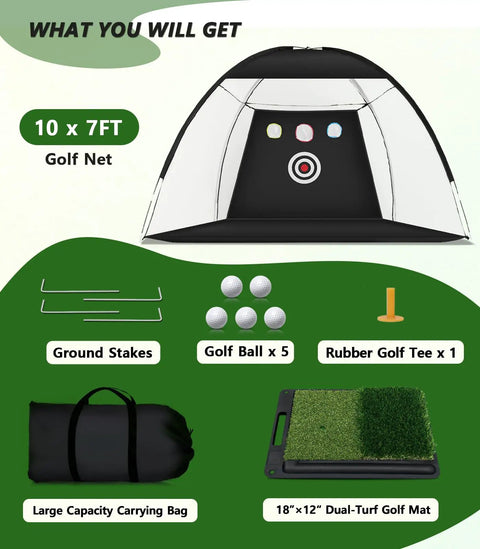 10 By 7 Foot Golf Practice Net With Center Ring Target For Backyard Driving, includes mat, golf balls, and accessories
