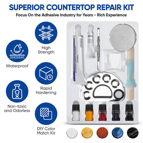 DIY Marble And Granite Repair Kit With Spot On Color Match For Quick Drying Quartz Countertop Fix on display with tools and materials