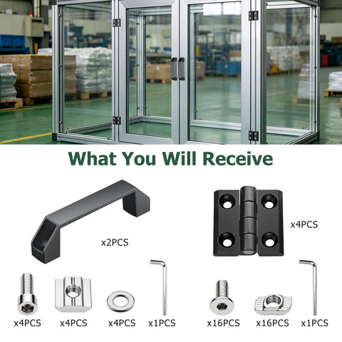 Built Tough 3030 Aluminum Extrusion Door Hardware Kit Featuring Two Heavy Duty Alloy Handles And Four Reliable Zinc Hinges With Full Fastener Set For No Sweat Weekend Builds showing components including handles and hinges.