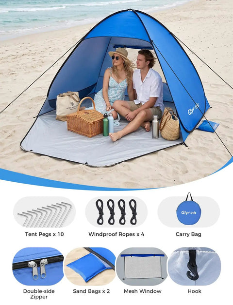 Pop Up Beach Tent Instant Portable Sun Shade Shelter For 1 To 2 People UPF Fifty Plus Protection with accessories on beach