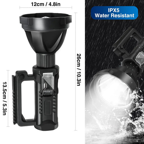 Black Go To Beast Mode 100000 Lumen Spotlight Flashlight with dimensions shown and IPX5 waterproof label in rain setting.