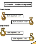 Display of clevis hook options, including G70 Five Sixteenth Inch Chain Hook Pack Of Four Heavy Duty Clevis Grab Hooks for versatile use.