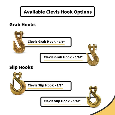 Display of clevis hook options, including G70 Five Sixteenth Inch Chain Hook Pack Of Four Heavy Duty Clevis Grab Hooks for versatile use.