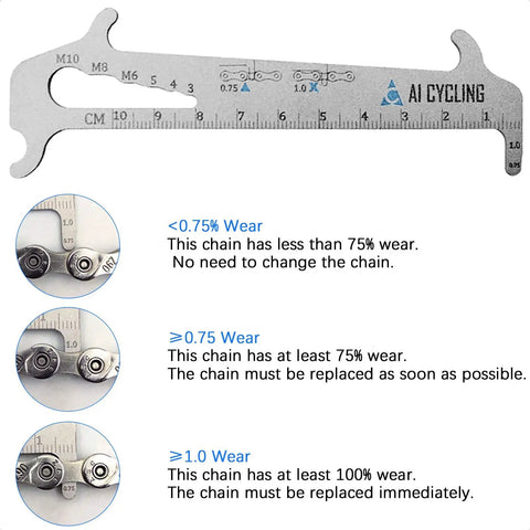 4 In 1 Bicycle Chain Checker Wear Indicator Tool for Shimano SRAM KMC and All Other Chains with wear gauge comparison chart.