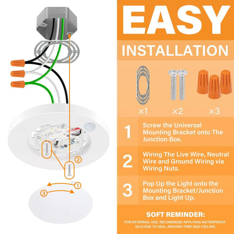 4 Inch Field Selectable 5CCT LED Motion Sensor Ceiling Light For Closets, No Fuss 120V Wiring, 10W, 600 Lumens, CRI80 Plus, Non Dimmable, ETL Certified, Wet Location, Round White, 1 Pack