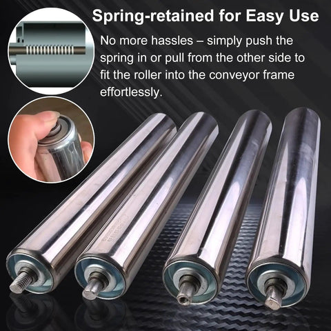 Four stainless steel 5 Pack Heavy Duty Replacement Conveyor Rollers With Bearings, 1 Inch Diameter (25mm), 29.5 Inch Length displayed.