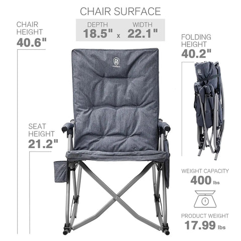 Oversized Folding Rocking Camping Chair With Padded Comfort Portable Rocker For Patio Lawn And Outdoors Heavy Duty Armchair Supports Up To 400 Lbs Gray For Adults shown with dimensions and weight.