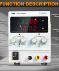Front view of Adjustable DC Bench Power Supply 0 To 30V 0 To 10A With 4 Digit Display highlighting control functions.