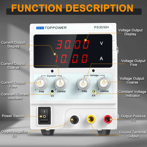 Front view of Adjustable DC Bench Power Supply 0 To 30V 0 To 10A With 4 Digit Display highlighting control functions.