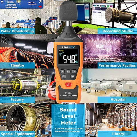 Digital Sound Level Meter With Temperature And Humidity Readouts 30 To 130 DB A Weighted Max Min Data Hold Large Backlit LCD