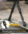 Close-up of Three In One Rifle Bipod With Picatinny Rail Mount Swivel Stud And Barrel Clamp Adapters Adjustable Height From 6.3 To 7 Inches