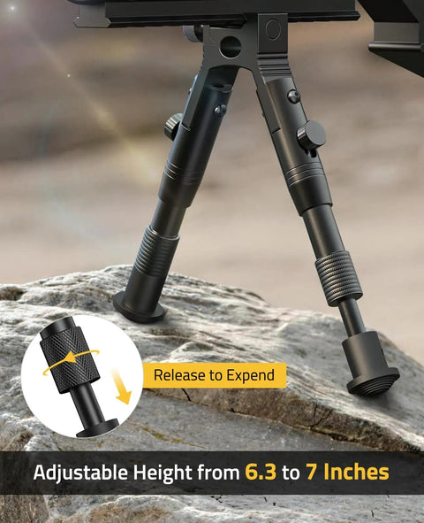 Close-up of Three In One Rifle Bipod With Picatinny Rail Mount Swivel Stud And Barrel Clamp Adapters Adjustable Height From 6.3 To 7 Inches