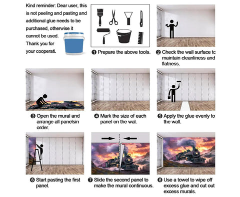Installation steps for Train Mural Wallpaper for Bedroom and Living Room Steam Locomotive 3D Wall Murals Not Peel and Stick Durable Fabric Backdrop with Sequential Strips for Easy Setup and Rich Vintage Railroad Vibe.