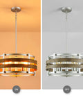 5 Light Metal Drum Chandelier with Wood Grain Shade, Nickel Finish, Pendant Ceiling Light On and Off View, 9x19.7 inches