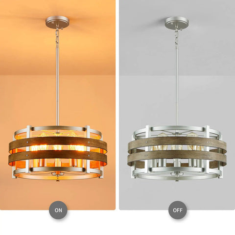 5 Light Metal Drum Chandelier with Wood Grain Shade, Nickel Finish, Pendant Ceiling Light On and Off View, 9x19.7 inches