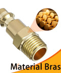 Close-up of Brass Quarter Inch Air Plug Quick Connect Fittings showcasing solid brass material for compressors and pneumatic tools.