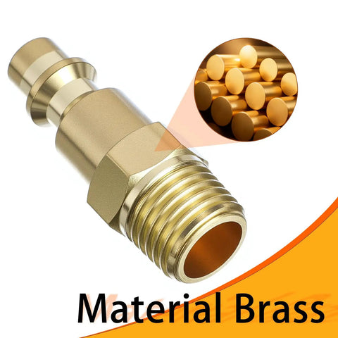 Close-up of Brass Quarter Inch Air Plug Quick Connect Fittings showcasing solid brass material for compressors and pneumatic tools.