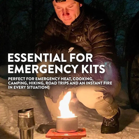 Person using Portable Mini Tabletop Fire Pit 2 Pack No Wood No Embers 3 To 5 Hour Burn Time Lightweight Emergency Heat Food Safe For Smores Easy To Light Outdoor Camping Stove For Indoor And Outdoor Use in snow for emergency warmth.