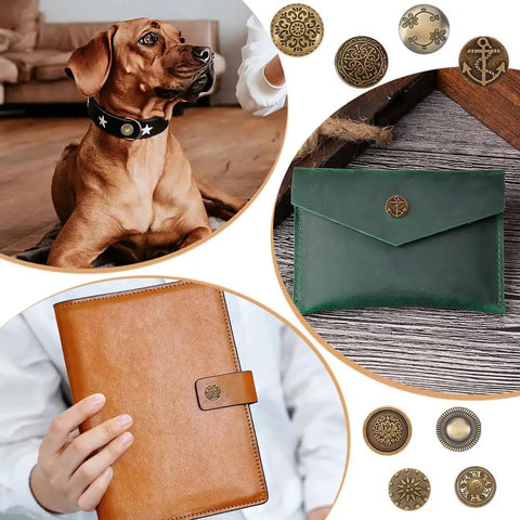 36 Piece Leather Snap Fasteners Kit With 18mm Snaps And Press Studs For Leather Craft Jackets Jeans Bags And Clothes Hidden Button Set For Pro Grade DIY Projects Stylish Durable Easy To Install shown with various leather products