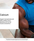 Man in blue shirt showing arm, with text on calcium benefits beside him, related to Calcium Chelate Complex For Strong Bones With DimaCal.