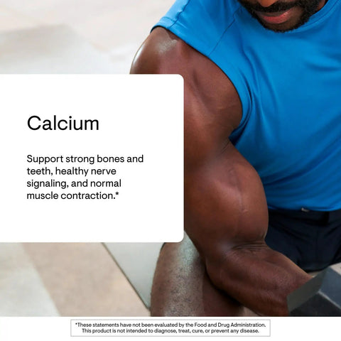 Man in blue shirt showing arm, with text on calcium benefits beside him, related to Calcium Chelate Complex For Strong Bones With DimaCal.