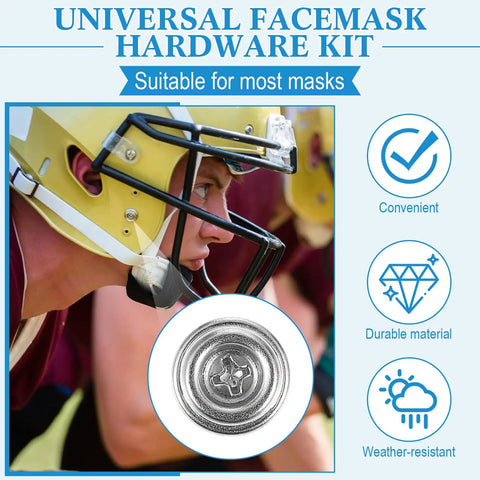 Football player with helmet and 12 Pack Stainless Steel Helmet Screws For Football And Hockey Visors, zoom on screw detail.