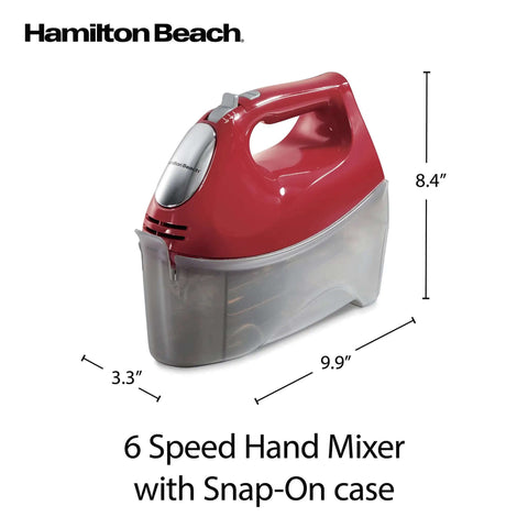 Badass Electric Hand Mixer With Six Speed Settings And Quick Burst Boost Featuring Trusty Bowl Rest And Snap On Storage Case For No Sweat Baking Projects Every Day, shown from the side with dimensions.