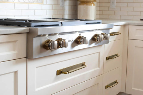 Antique Brass Cabinet Pulls With Backplates on kitchen drawers, Solid Zinc Alloy, Crest Wave Plate Style, Vintage Vibe