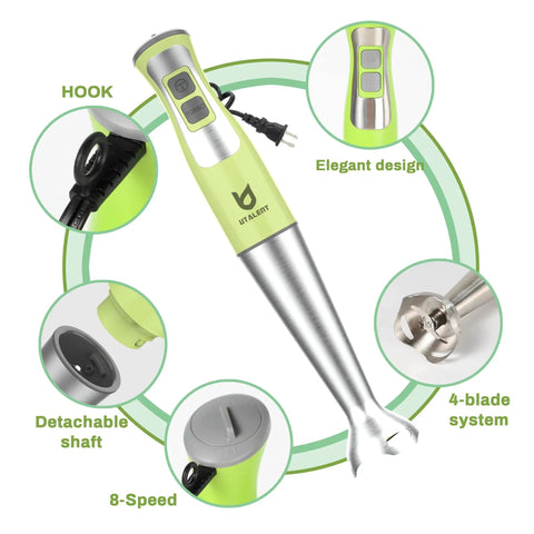 3-In-1 Immersion Hand Blender With Milk Frother And Egg Whisk, 8-Speed Stick Blender For Coffee Foam, Puree Baby Food, Green