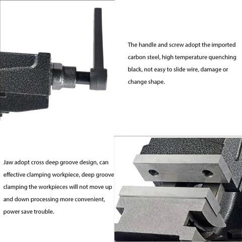 Five Inch Milling Machine Vise With Swivel Base And Four Direction Adjustable Jaws, carbon steel handle and jaws detail.