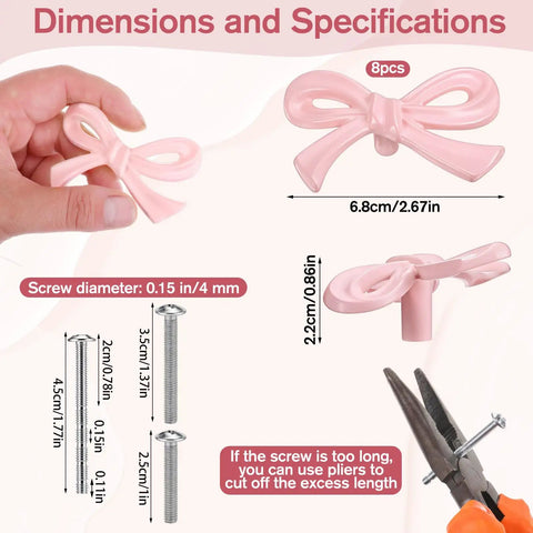 Pink Bow Drawer Knobs Set For Dresser Cabinet Wardrobe 8 Pack 2.7 Inch vintage style dimensions and screw options