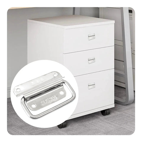 Built Tough 304 Stainless Steel Foldable Pull Handles, Top Shelf Ring Grip For Toolboxes, Storage Chests And Boat Hatches, Heavy Duty Cabinet Hardware With Screws, Silver 4 Pack on a white drawer unit.