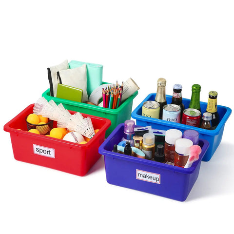 84 Pack Plastic Cubby Bins For Classroom Storage Rainbow Organizer With Label Stickers holding various organized items.