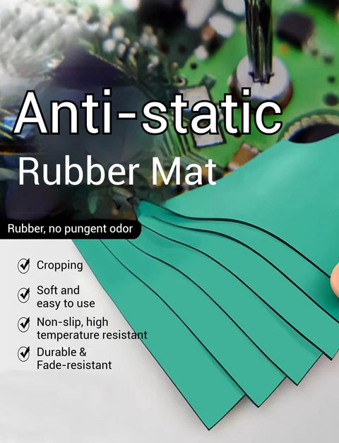 Front view of green ESD anti-static rubber soldering mat strips fanned out on white surface.