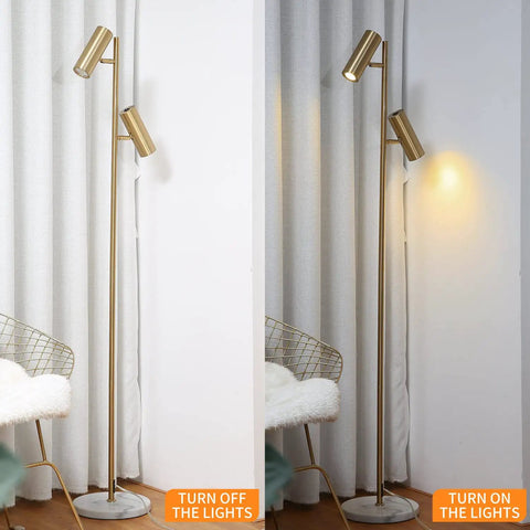 Cozy Elegant Modern Floor Lamp With Brass Finish, Tall Uplight Tree Style turned off and on in room setting