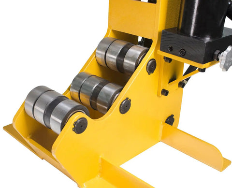 Close-up of the yellow frame and rollers of Heavy Duty Pipe Cutter With Hydraulic Hand Pump For Steel Pipe Two And A Half Inch To Eight Inch Schedule 10/40