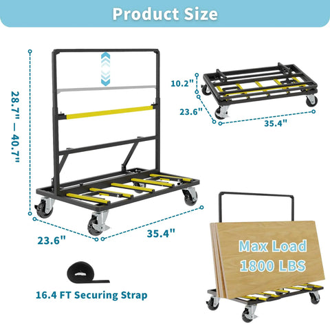 Heavy Duty Folding Drywall Cart Dolly Beast With 1800 Lbs Capacity For Job Sites Handling Heavy Stuff Like Plywood Lumber Glass Plus Reinforced Steel Frame Welded Joints And Adjustable Handle Height For Easy Maneuvering On Any Floor Type, 35.4 x 23.6 x 40.7 in