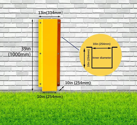 Built Tough 10 Inch Yellow Galvanized Steel Pipe Guard Wall Mount Pipeline Bollard Protector dimensions 39x13x10 inches on brick wall.