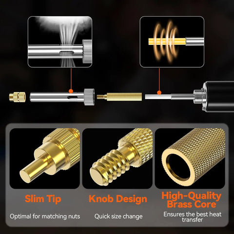 Detailed view of All-In-One Heat Set Inserts Kit For 3D Printers showing brass core, slim tip, and knob design features.