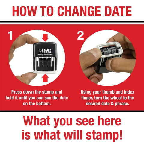 Smooth Operator Self Inking Date Rubber Stamp With Received Phrase And Dual Blue Red Ink Cartridges Easy Swap Design For Office Desk Workhorse Built Different Heavy Duty 12 Year Rolling Band instruction on changing date with hand holding the unit.