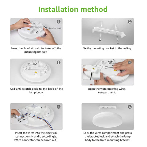 Eight Point Seven Inch LED Ceiling Light Flush Mount Waterproof IP54 1500 LM 15W 5000K Daylight White installation steps